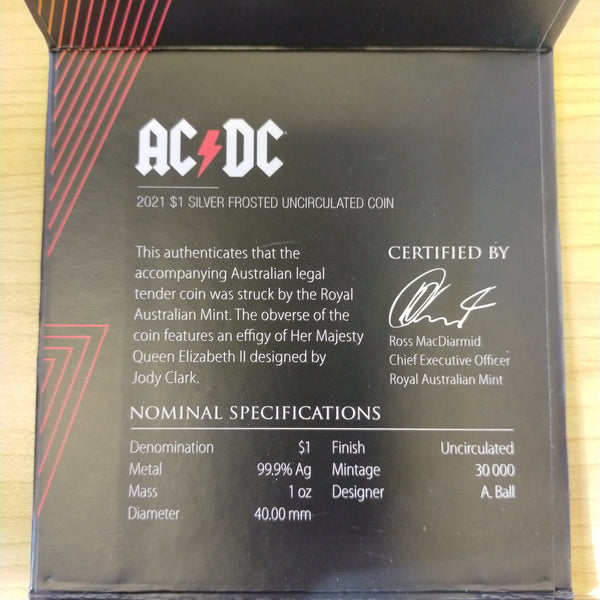 Australia 2021 Royal Australian Mint $1 AC/DC ACDC Rock Band 1oz .999 Frosted Silver Uncirculated Coin
