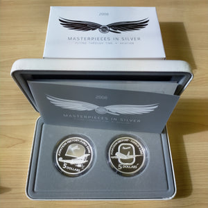 Australia 2008 Royal Australian Mint Masterpieces In Silver Flying Through Time Aviation 2 Coin Set With Stand