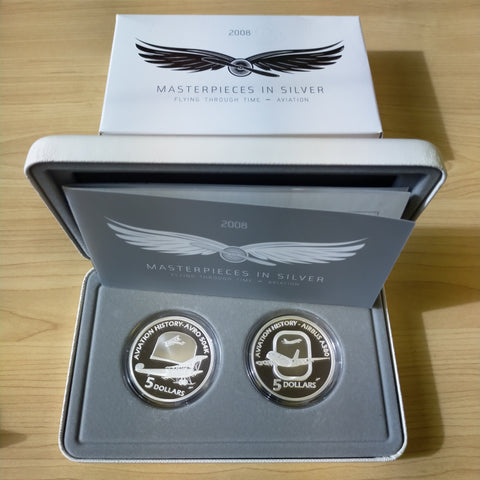 Australia 2008 Royal Australian Mint Masterpieces In Silver Flying Through Time Aviation 2 Coin Set With Stand