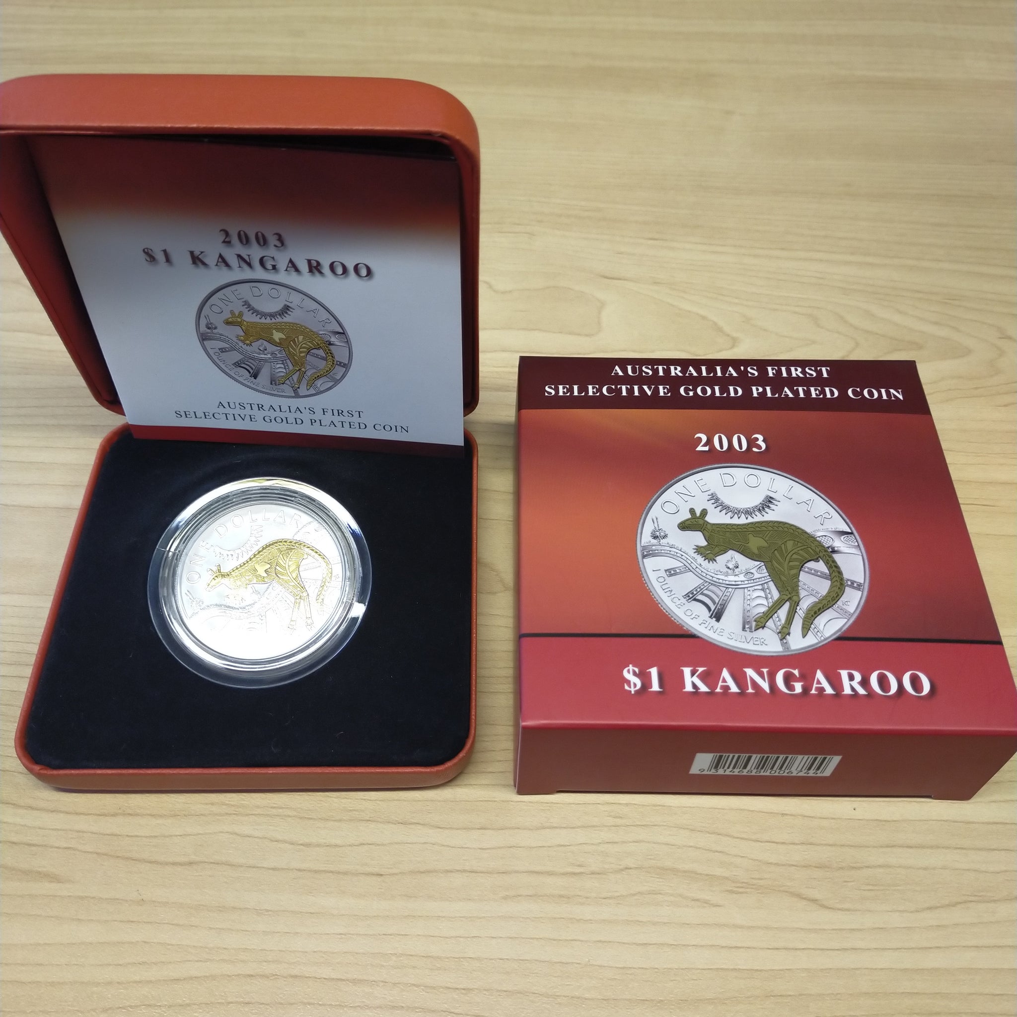 Australia 2003 Royal Australian Mint $1 Kangaroo Gold Plated Silver Proof Coin