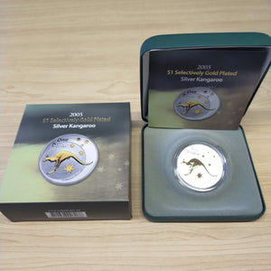 Australia 2005 Royal Australian Mint  $1 Kangaroo Gold Plated Silver Proof Coin