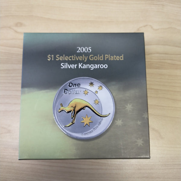 Australia 2005 Royal Australian Mint  $1 Kangaroo Gold Plated Silver Proof Coin