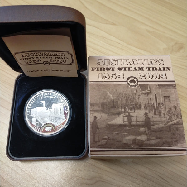 Australia 2004 Perth Mint Australia's First Steam Train 1oz $1 Silver Proof Coin