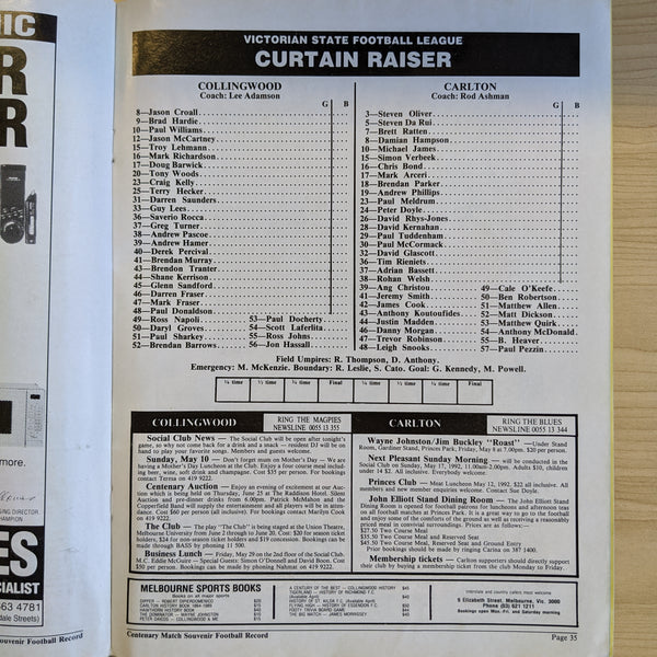 1992 May 7 Game Of The Century Carlton v Collingwood Football Record