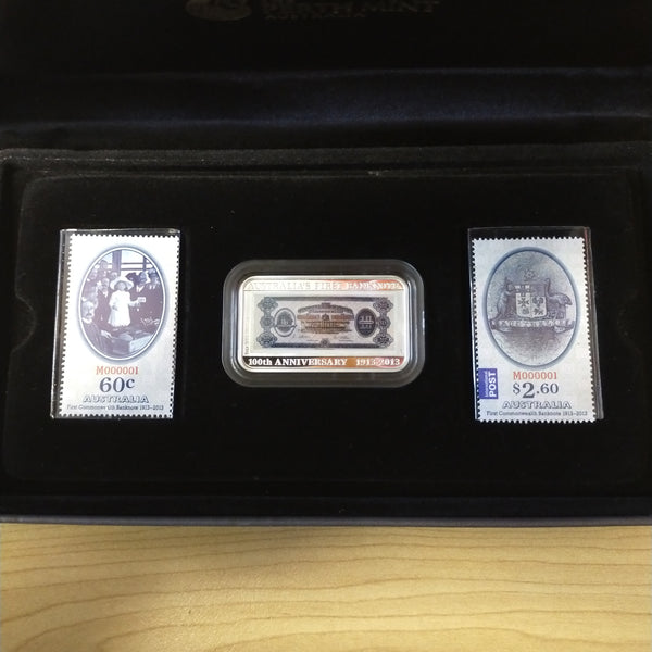 Australia 2013 Perth Mint 100th Anniversary of Australia's First Banknote 1oz $1 Proof Silver Coin and Stamp Set