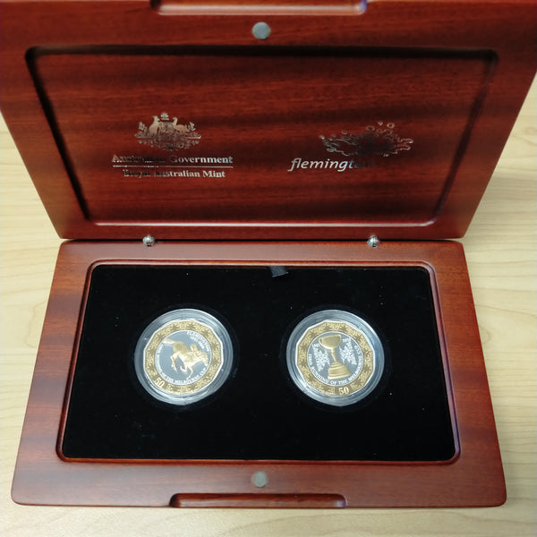 Australia 2010 Royal Australian Mint Fifty Cents 50c 150th Running of the Melbourne Cup 50c Proof Gold-Plated Silver Two Coin Set
