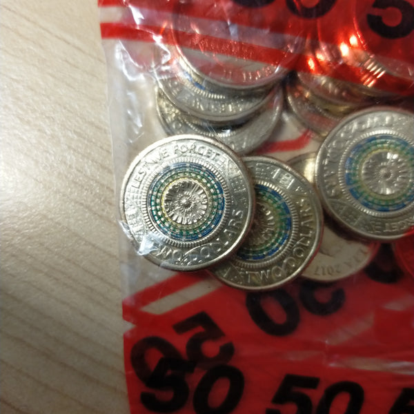 Australia 2017 Royal Australian Mint $2 Coloured Lest We Forget Mint Bag of Coloured Coins