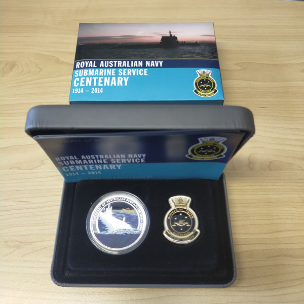 Australia 2014 Perth Mint $1 Royal Australian Navy Submarine Service Centenary 1oz Proof Silver Coin and Badge Set