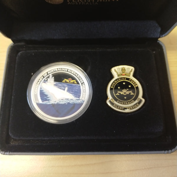 Australia 2014 Perth Mint $1 Royal Australian Navy Submarine Service Centenary 1oz Proof Silver Coin and Badge Set