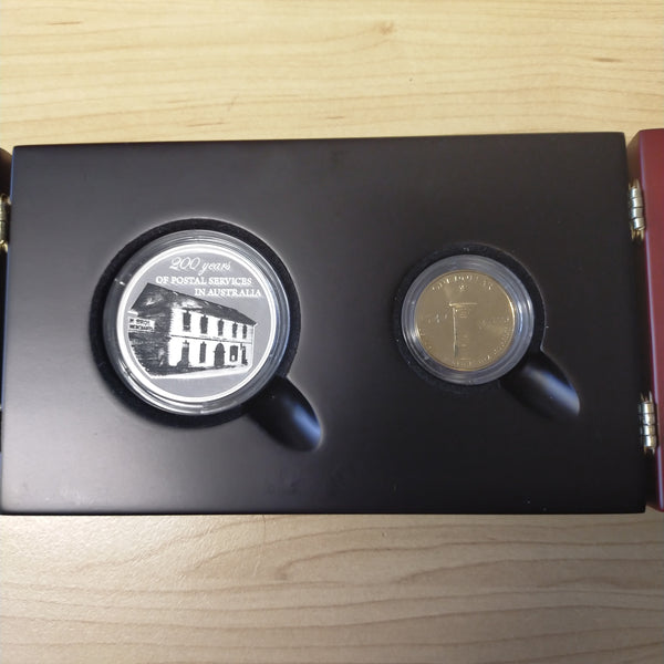 Australia 2009 Royal Australian Mint $5 Celebrating 200 Years Australia Post 1oz Proof Silver Coin and Uncirculated Coin Set