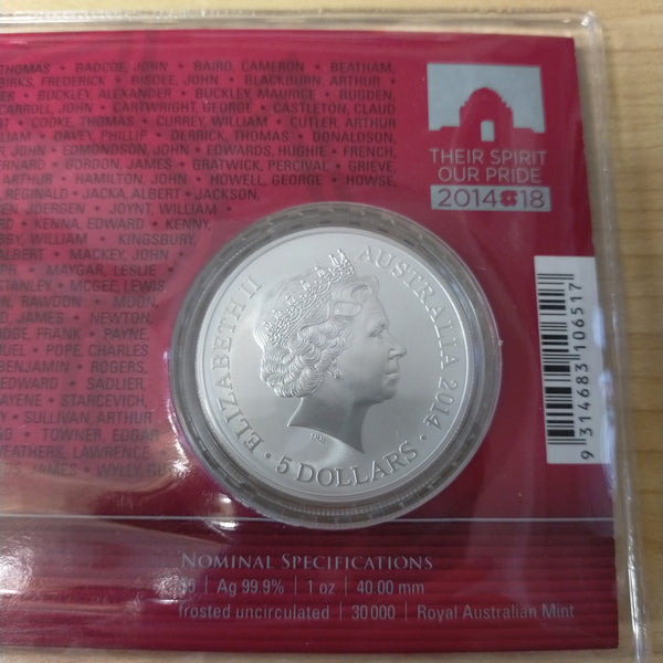 Australia 2014 Royal Australian Mint For Valour The Victoria Cross For Australia 1oz Silver Frosted Uncirculated Coin