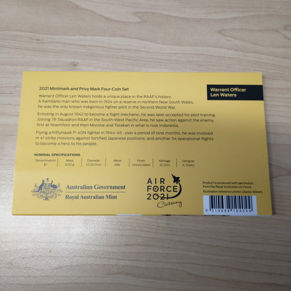 Australia 2021 Royal Australian Mint $1 Heroes of the Sky Air Force Centenary Mintmark and Privy Mark Coin Set of 4