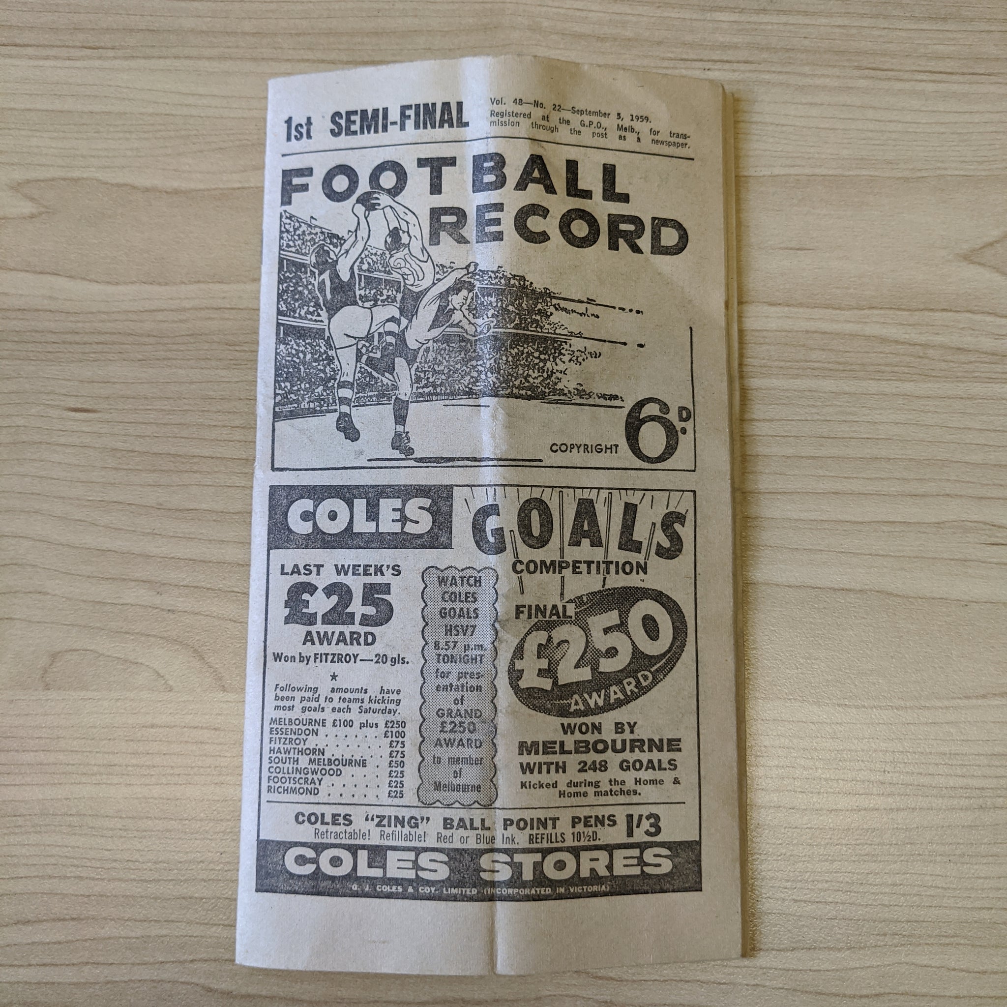 VFL 1959 1st Semi Final Football Record Collingwood v Essendon
