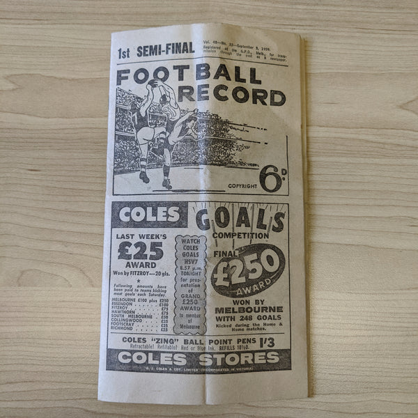 VFL 1959 1st Semi Final Football Record Collingwood v Essendon