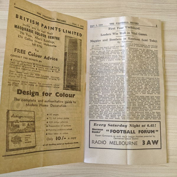 VFL 1959 1st Semi Final Football Record Collingwood v Essendon