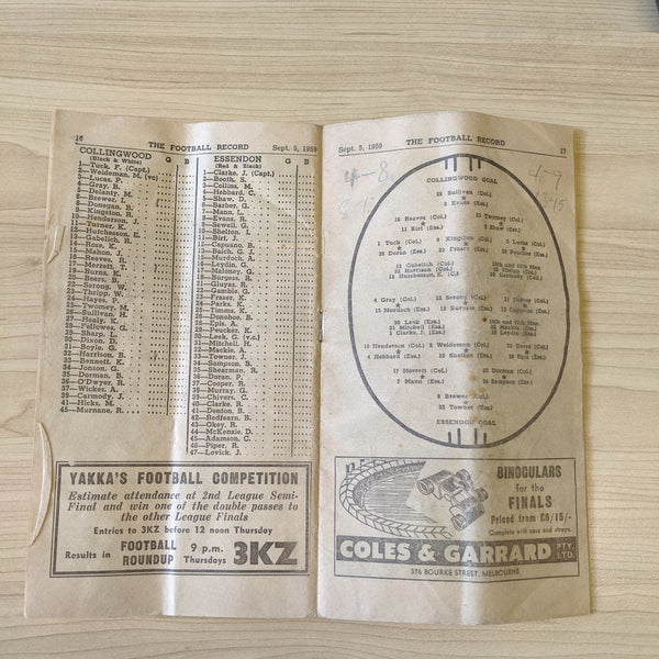 VFL 1959 1st Semi Final Football Record Collingwood v Essendon