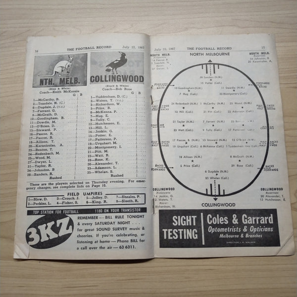 VFL 1967 July 22 North Melbourne v Collingwood Football Record