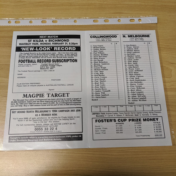 Lot of 4 Foster's Cup VFL Football Records of Collingwood Games