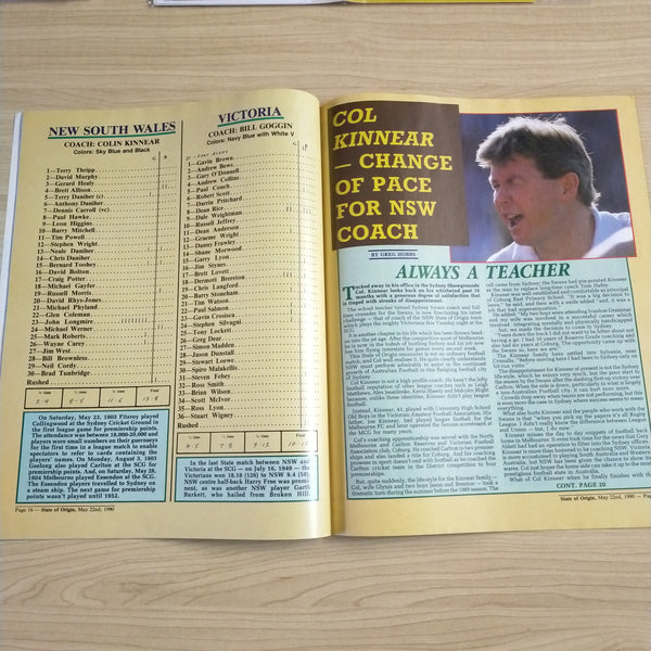 Football Record 1990 Foster's State of Origin Match NSW v Victoria, Sydney Cricket Ground