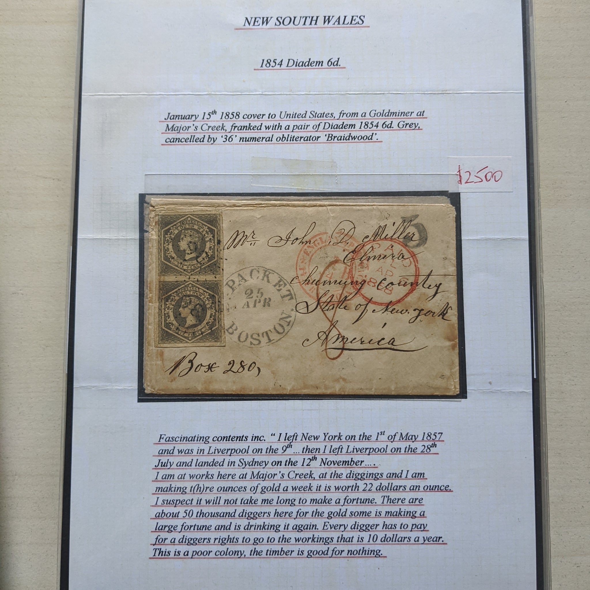 NSW 1858 6d diadem pair on cover + Letter from NSW to New York Packet Boston