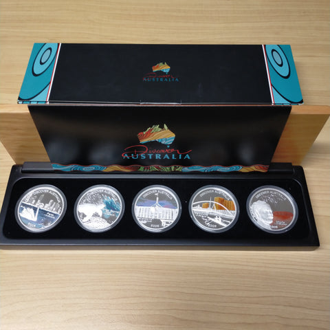 Australia 2006 Perth Mint $1 Discover Australia set of 5 x 1oz .999 Coloured Silver Coins In A beautiful Set