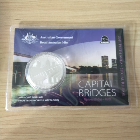 Australia 2011 Royal Australian Mint $1 ANDA Capital Bridges Narrows Bridge Perth One Ounce Silver Coin. These were only sold for 2 days at the coin show