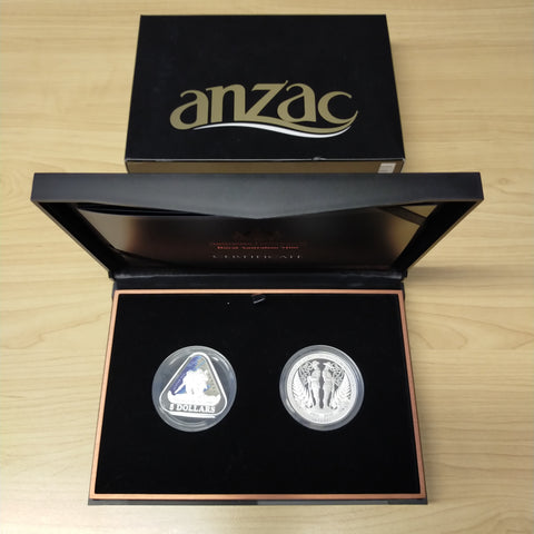Australia New Zealand 2015 $5 Triangular Royal Australian Mint 50c NZ Post ANZAC Centenary Two Coin Silver Set - Only 1915 Issued By Ballot