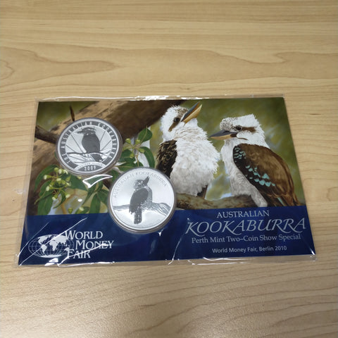 Australia 2010 Perth Mint World Money Fair Australian Kookaburra 2 x 1oz Silver Uncirculated Carded Coins