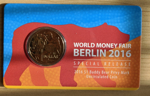 2016 Royal Australian Mint $1 World Money Fair Berlin Buddy Bear Privy Mark Uncirculated Coin