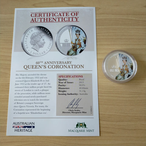 2013 Macquarie Mint 60th Anniversary Queen's Coronation .999 1oz Silver Proof Coin