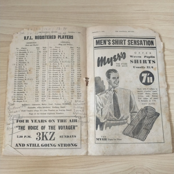 VFL 1940 September 7 First Semi Final Essendon v Geelong Football Record