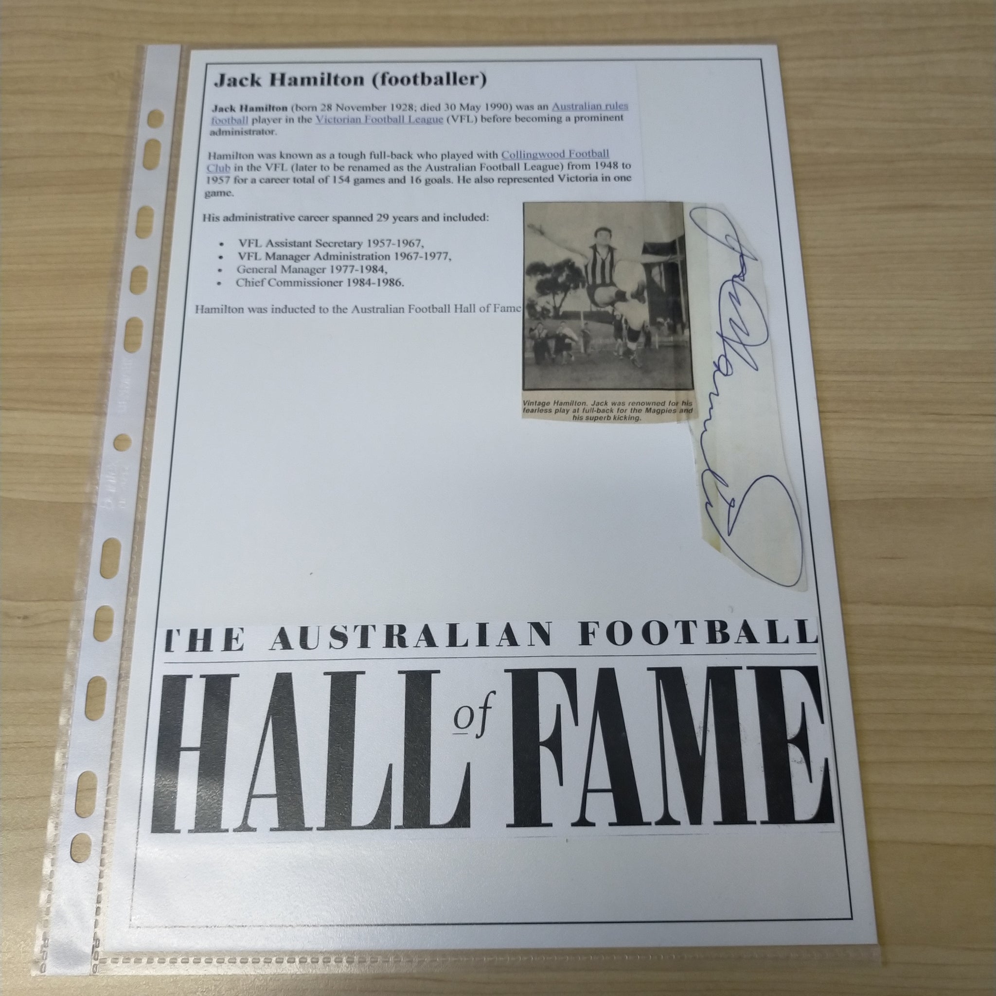 AFL VFL Collingwood Player Signature Jack Hamilton
