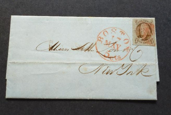 USA American Cover 1847 Franklin 5c Brown with 4 margins on cover from Boston to New York tied red cancel