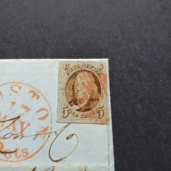 USA American Cover 1847 Franklin 5c Brown with 4 margins on cover from Boston to New York tied red cancel