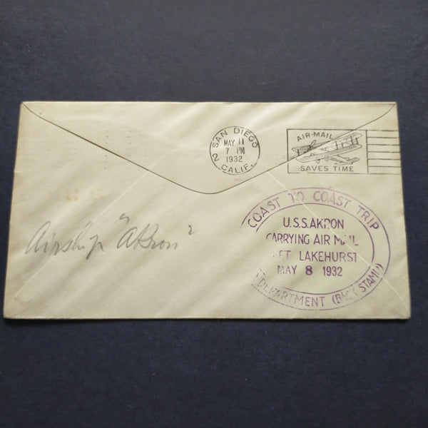 USA American Cover 1932 Airmail U.S.S. Akron Coast To Coast Trip Carrying Mail Lakehurst New Jersey To San Diego California