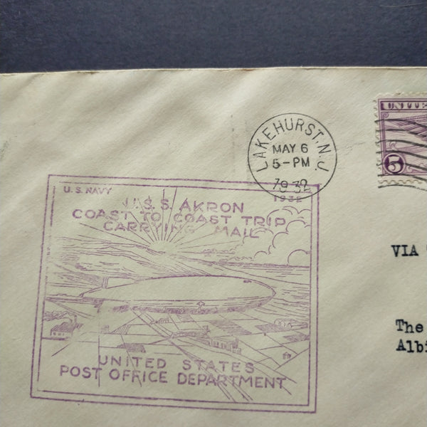 USA American Cover 1932 Airmail U.S.S. Akron Coast To Coast Trip Carrying Mail Lakehurst New Jersey To San Diego California