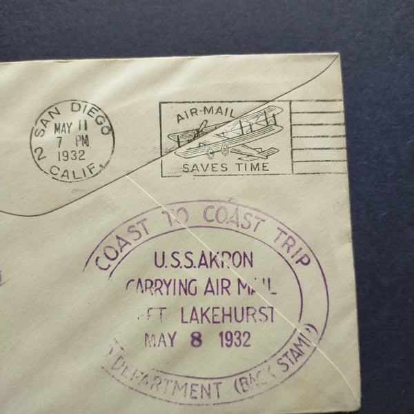 USA American Cover 1932 Airmail U.S.S. Akron Coast To Coast Trip Carrying Mail Lakehurst New Jersey To San Diego California