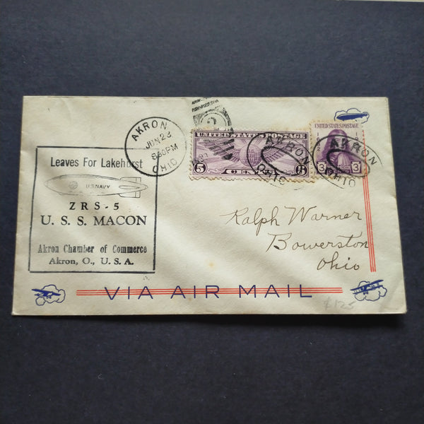 USA American Cover 1933 Airmail U.S.S. Macon Trip Carrying Mail Akron Ohio To Lakehurst New Jersey