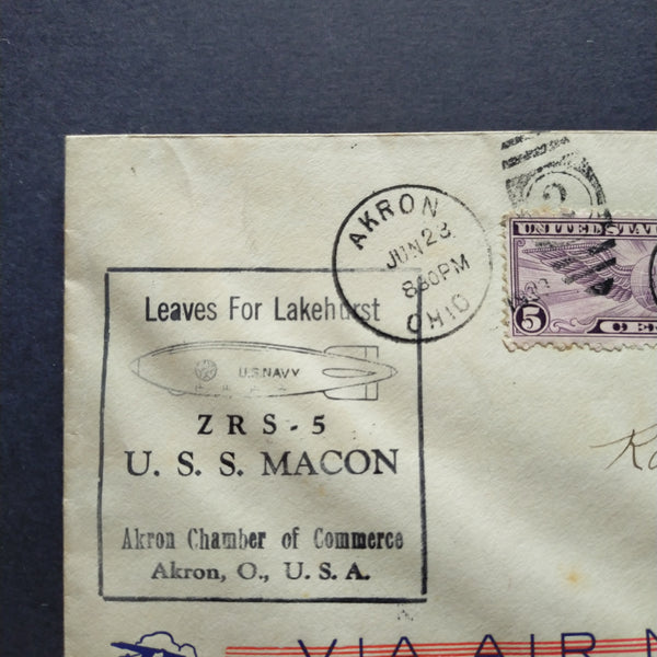 USA American Cover 1933 Airmail U.S.S. Macon Trip Carrying Mail Akron Ohio To Lakehurst New Jersey