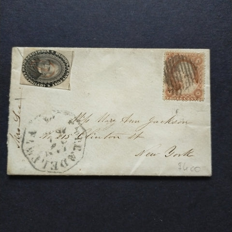 USA American Cover 1858 Philadelphia Local Post bearing 3c Franklin with bar dumb cancel & Philadelphia octagonal cancel with Blood's Penny Post stamp in black, B/S with 1859 Blood's Penny Post double ring cancel