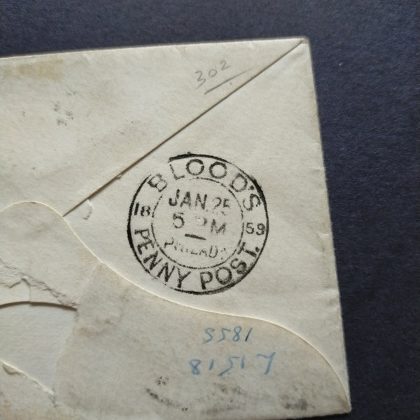 USA American Cover 1858 Philadelphia Local Post bearing 3c Franklin with bar dumb cancel & Philadelphia octagonal cancel with Blood's Penny Post stamp in black, B/S with 1859 Blood's Penny Post double ring cancel