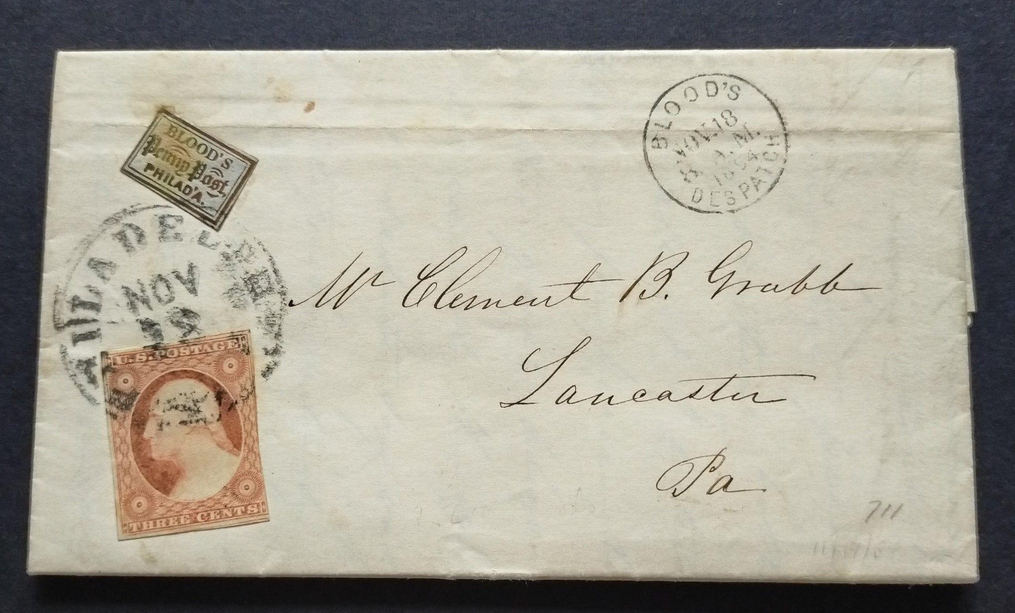 USA American Cover 1854 EL from Philadelphia to Lancaster bearing Blood's Penny Post label & 3c Washington both tied by Philadelphia D.S. and with fine Blood's despatch C.D.S. clear of label adhesive