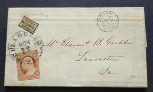 USA American Cover 1854 EL from Philadelphia to Lancaster bearing Blood's Penny Post label & 3c Washington both tied by Philadelphia D.S. and with fine Blood's despatch C.D.S. clear of label adhesive