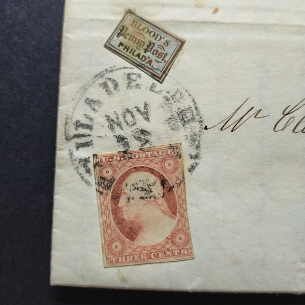 USA American Cover 1854 EL from Philadelphia to Lancaster bearing Blood's Penny Post label & 3c Washington both tied by Philadelphia D.S. and with fine Blood's despatch C.D.S. clear of label adhesive