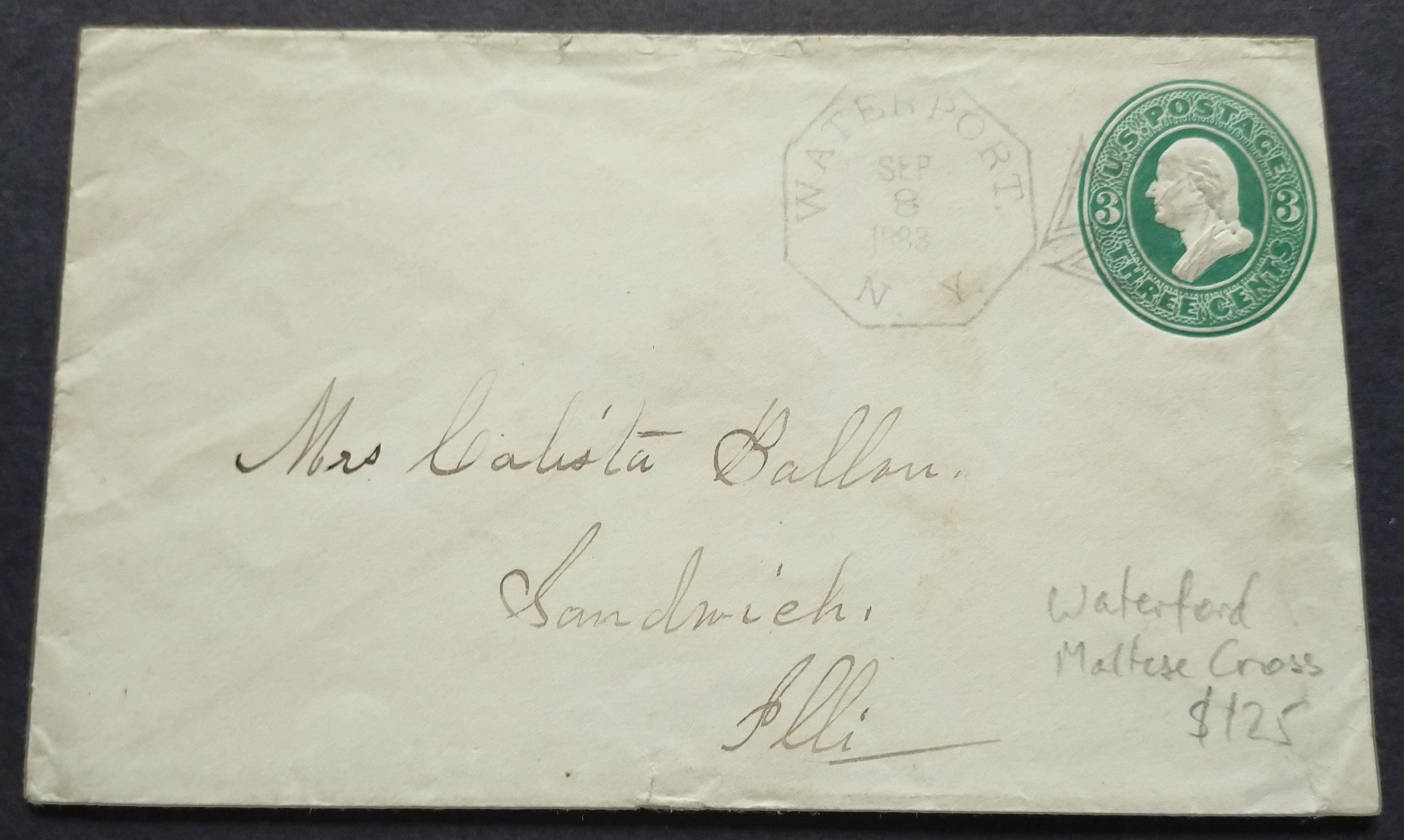 USA American Cover 1883 embossed 3c green envelope with Waterport New York CDS and duplex maltese cross cancel