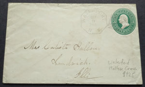 USA American Cover 1883 embossed 3c green envelope with Waterport New York CDS and duplex maltese cross cancel