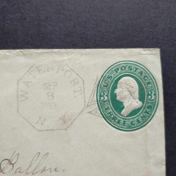 USA American Cover 1883 embossed 3c green envelope with Waterport New York CDS and duplex maltese cross cancel