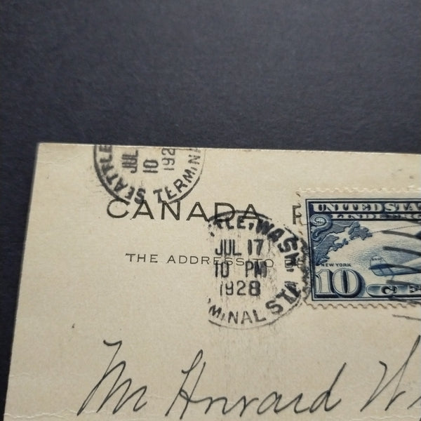 USA American Canadian Postcard 1928 Victoria British Columbia to Seattle Washington CDS