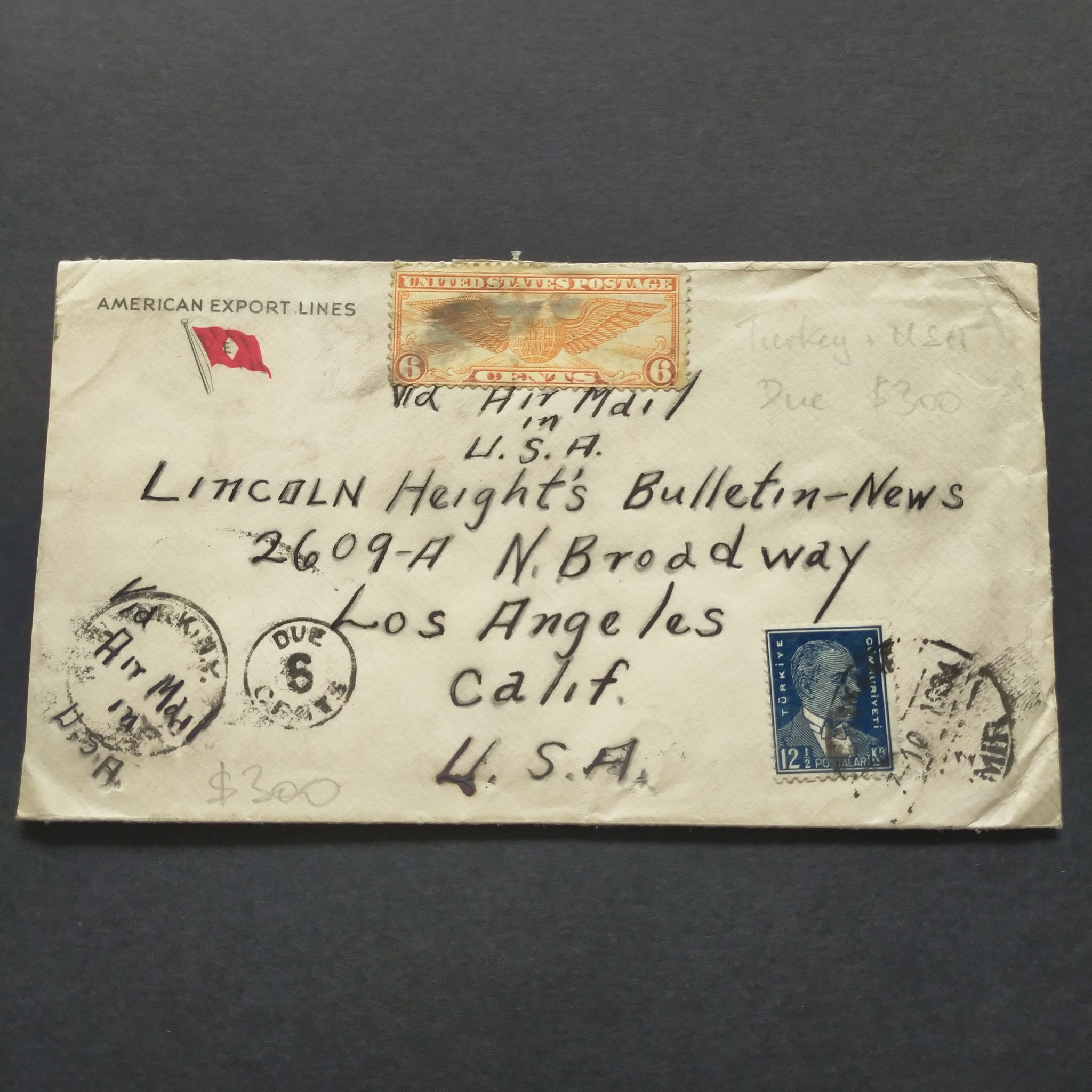 USA American Airmail Cover 1934 Turkey to California 6 Cents Postage Due