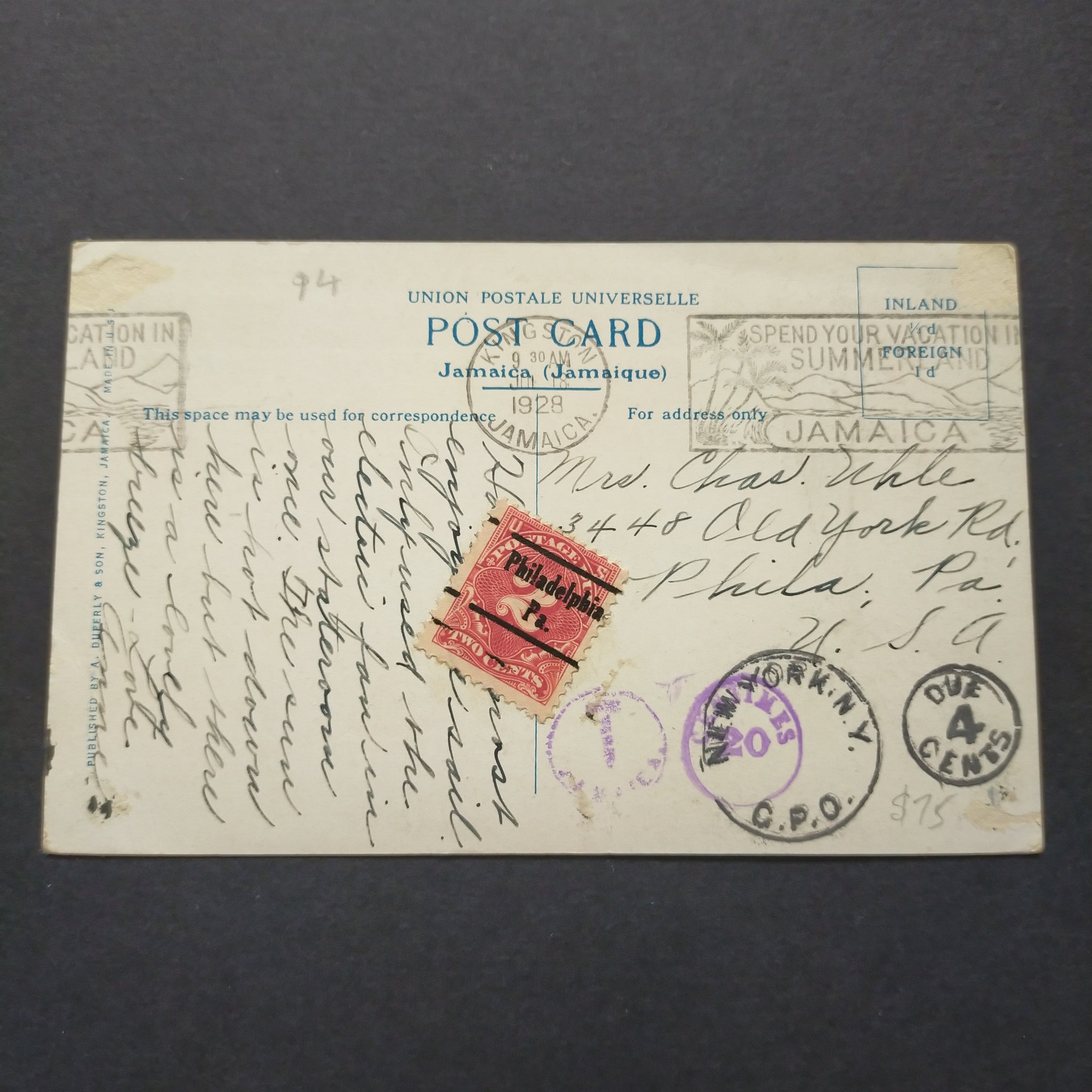 USA American Postcard 1928 Jamacian Postcard From Kingston Jamaica to Philadelphia USA 4 Cents Postage Due